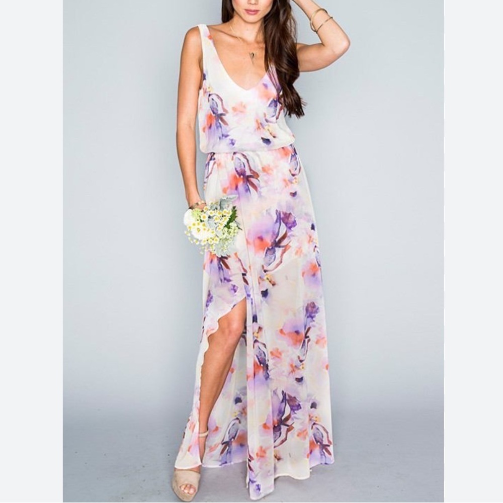 Show Me Your Mumu Watercolor Artsy Faux Wrap Sleeveless Kendall Maxi Dress‎